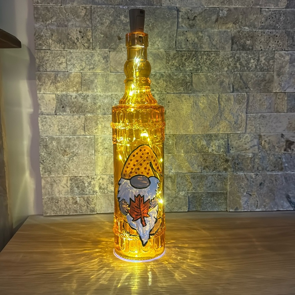 HAND CRAFTED - Hand Painted - Fall Light up Bottle - Gnome Glass Decanters - Picture 1 of 5